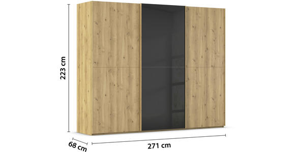 SCHWEBETÜRENSCHRANK 270/223/68 cm 3-türig Schwarz, Eichefarben  - Eichefarben/Schwarz, Design, Glas/Holz (270/223/68cm) - Novel
