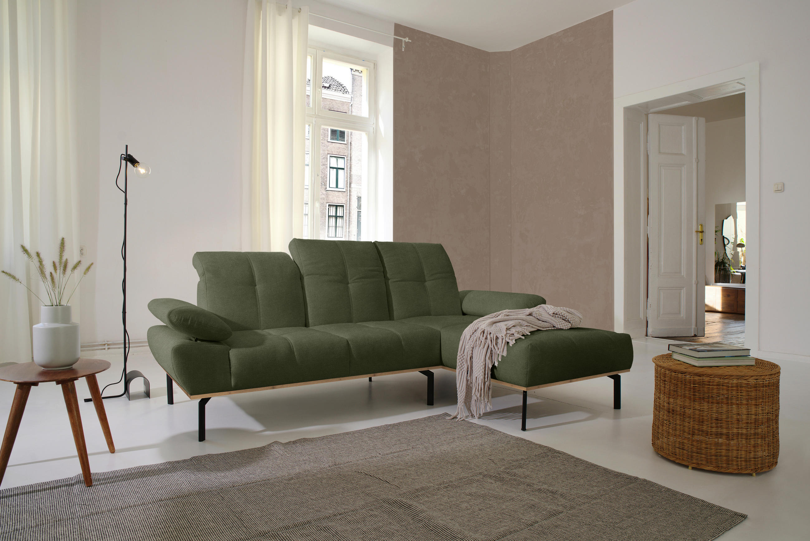 ECKSOFA Grün Mikrofaser  - Wildeiche/Schwarz, Design, Textil/Metall (242/170cm) - MID.YOU