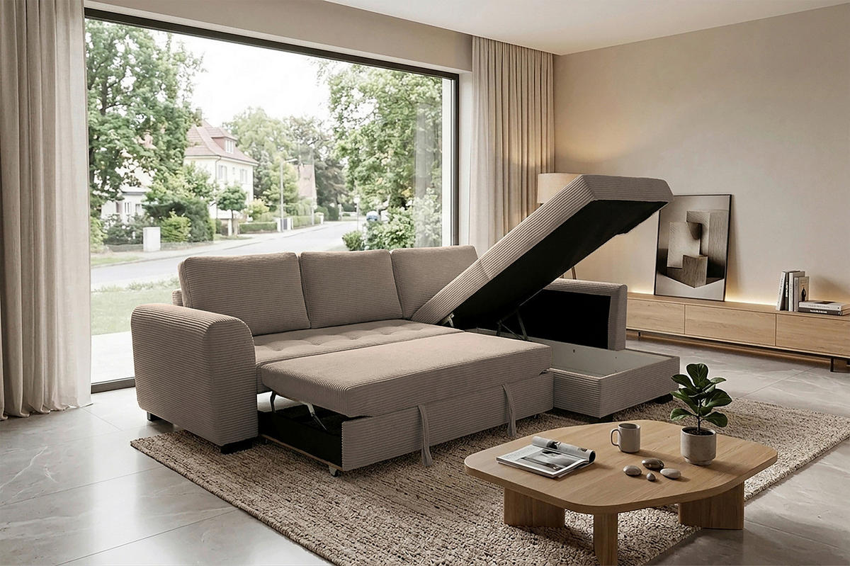 ECKSOFA JOHN Karamell Cord Rückenkissen, Bettkasten, Liegefläche im Originalstoff  - Karamell/Schwarz, Trend, Kunststoff/Textil (239/178cm) - P & B