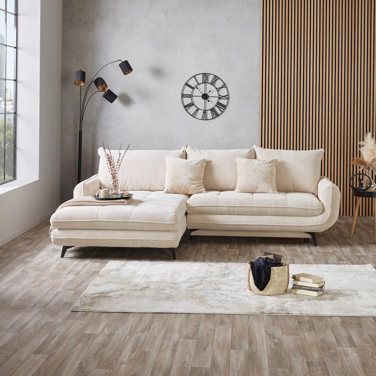 ECKSOFA WAVE Creme Struktur  - Beige/Creme, MODERN, Textil/Metall (189/266cm) - MID.YOU