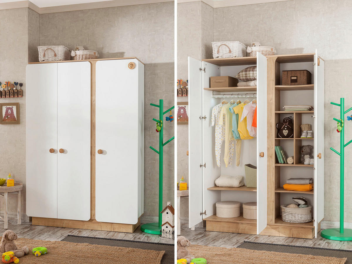 DULAP CU UșI ROTATIVE, 136/195/56 cm, alb, culoare lemn stejar - alb/culoare lemn stejar, Modern, material pe bază de lemn (136/195/56cm) - Cilek