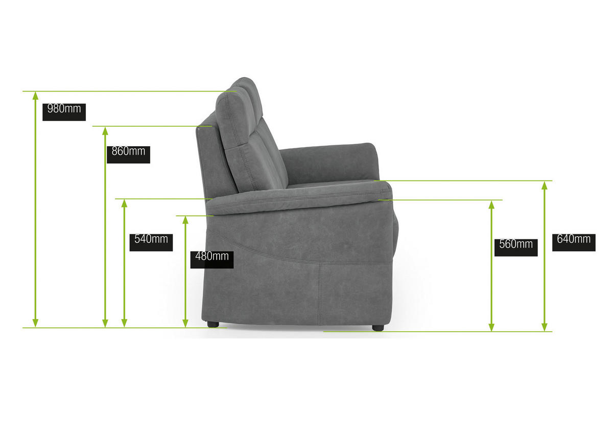 2,5-SITZER Mikrofaser Dunkelgrau  - Dunkelgrau/Schwarz, Konventionell, Kunststoff/Textil (170/98/91cm) - Elegando