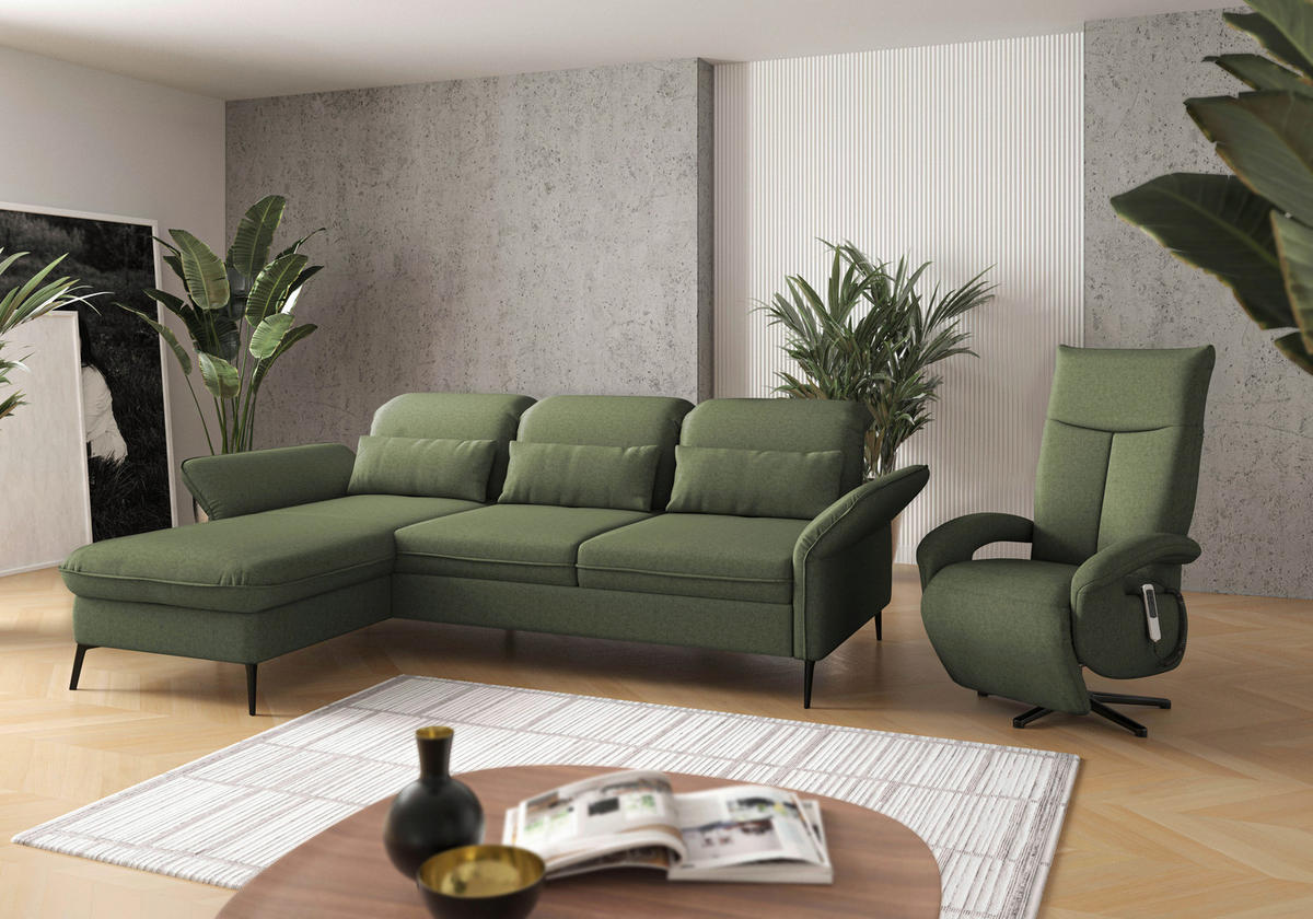 ECKSOFA in Flachgewebe Olivgrün  - Schwarz/Olivgrün, Konventionell, Textil/Metall (198/264cm) - Sit & More