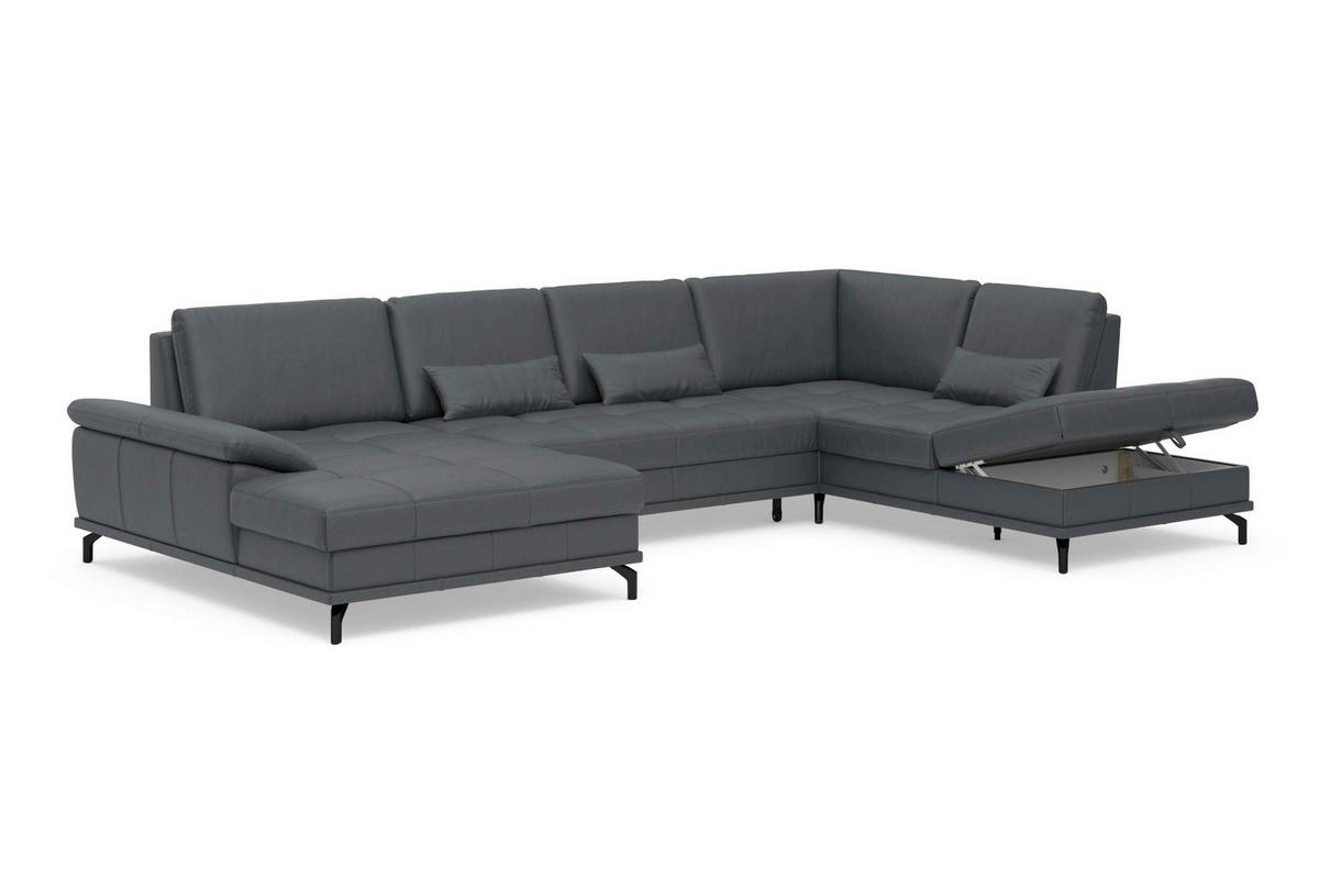 WOHNLANDSCHAFT COSTELLO E Schwarz Kombination Echtleder/Stoff Mikrofaser  - Schwarz, Basics, Leder/Textil (176/363/223cm) - Sit & More