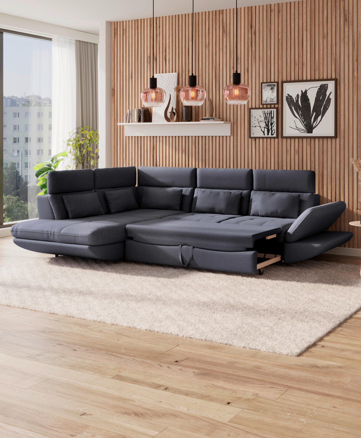 WOHNLANDSCHAFT in Mikrofaser Dunkelblau  - Schwarz/Dunkelblau, Modern, Kunststoff/Textil (311/233cm) - MID.YOU