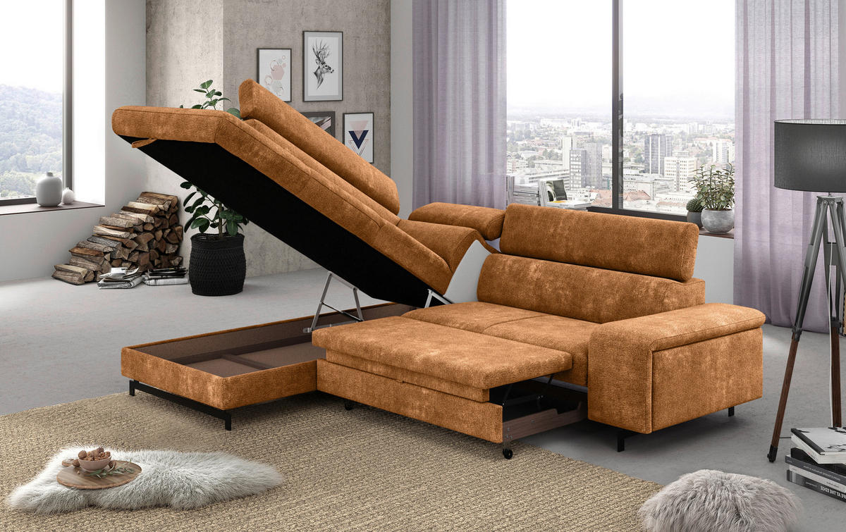 ECKSOFA in Chenille Cognac  - Cognac/Schwarz, Textil/Metall (215/262cm) - MID.YOU