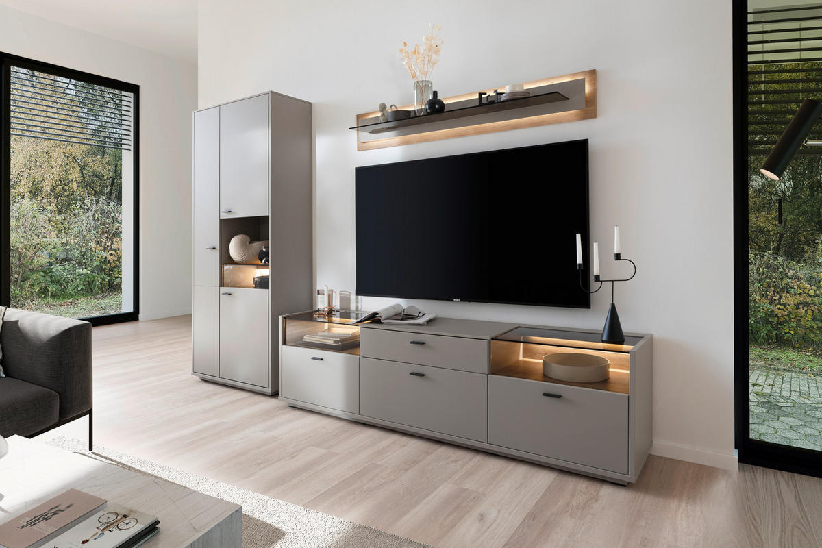 REGAL ZA DNEVNI BORAVAK siva, boje hrasta   - siva/boje hrasta, Design, staklo/drvni materijal (301/200/44cm) - Stylife