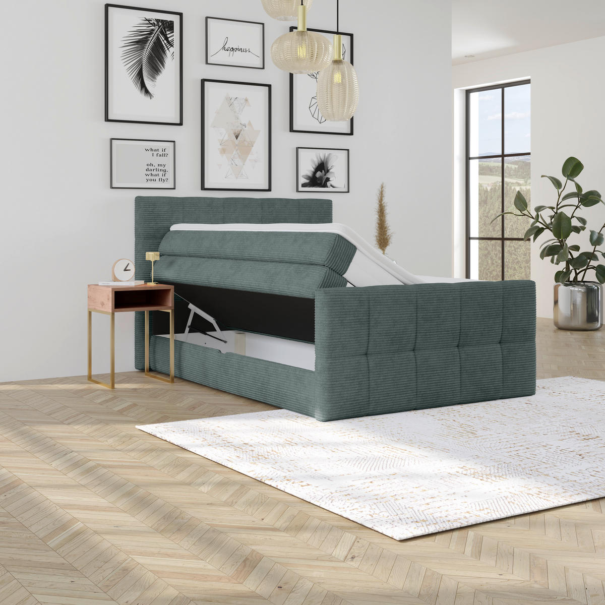 BOXSPRINGBETT 140/200 cm,  in Blaugrau, gepolstertes Kopfteil, Bettkasten, Topper, Matratzen, H2 + H2 = mittel  - Blaugrau, KONVENTIONELL, Holz/Holzwerkstoff (140/200cm)