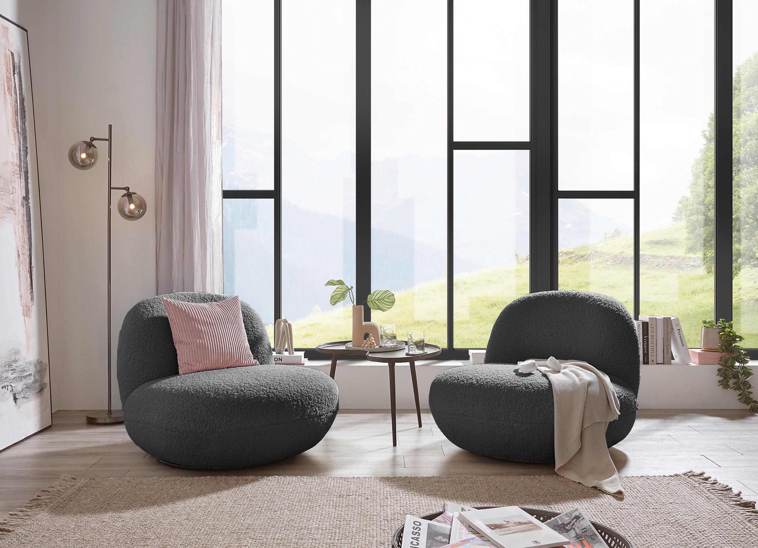 SESSEL in Teddystoff Anthrazit  - Anthrazit/Schwarz, Modern, Textil/Metall (85/70/99cm) - MID.YOU
