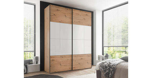 SCHWEBETÜRENSCHRANK 200/222/68 cm 2-türig Weiß, Eiche Artisan  - Schwarz/Weiß, Design, Glas/Holzwerkstoff (200/222/68cm) - Dieter Knoll