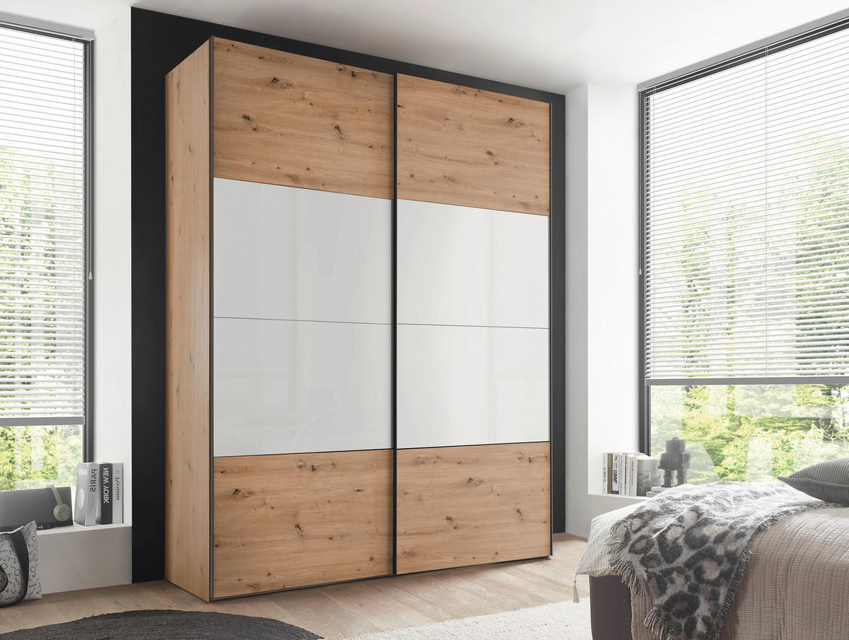 SCHWEBETÜRENSCHRANK 167/222/68 cm 2-türig Weiß, Eiche Artisan  - Schwarz/Weiß, Design, Glas/Holzwerkstoff (167/222/68cm) - Dieter Knoll