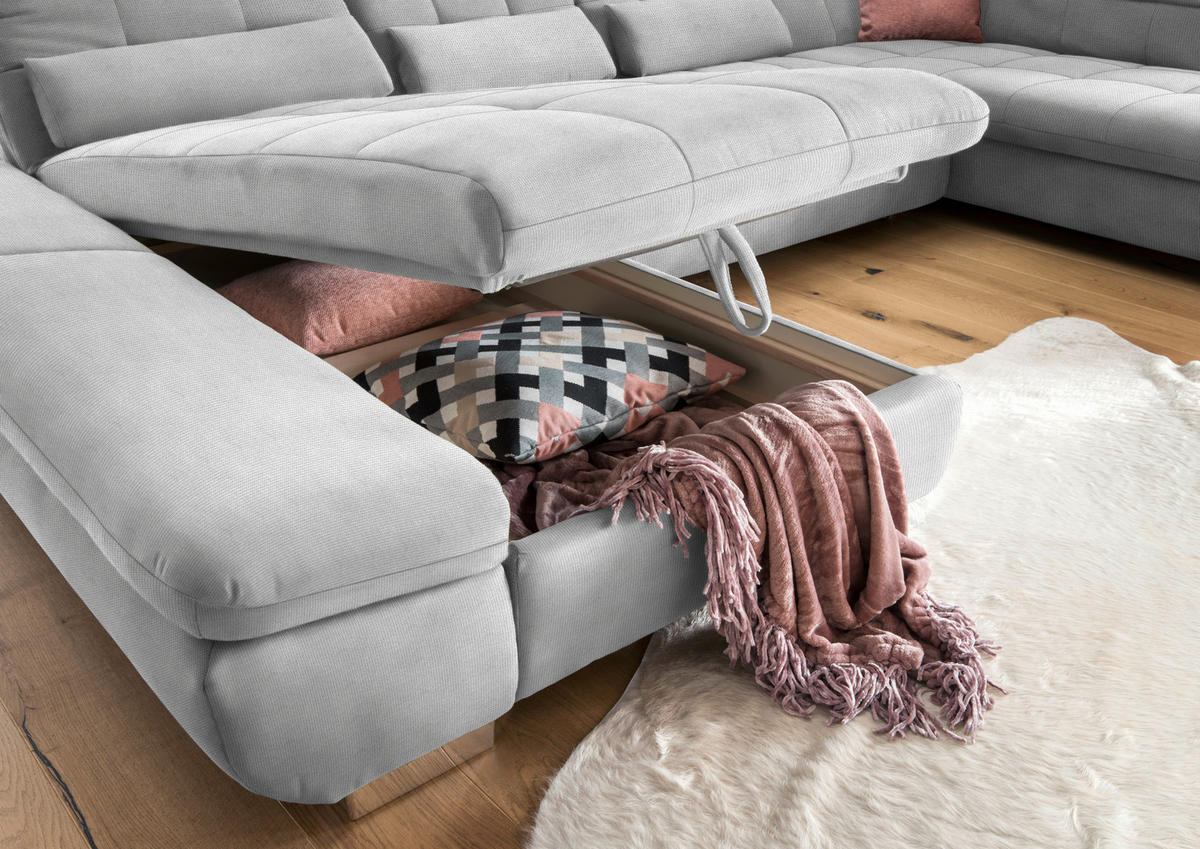 WOHNLANDSCHAFT in Mikrofaser Hellgrau  - Chromfarben/Hellgrau, Design, Kunststoff/Textil (204/350/211cm) - Xora