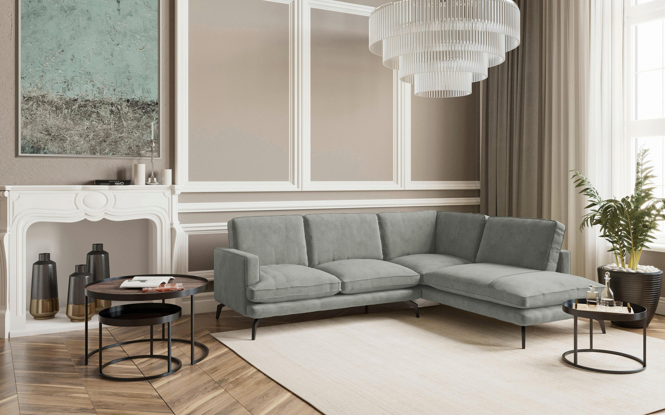 ECKSOFA Grau Flachgewebe  - Champagner/Schwarz, Design, Textil/Metall (250/202cm) - Livetastic