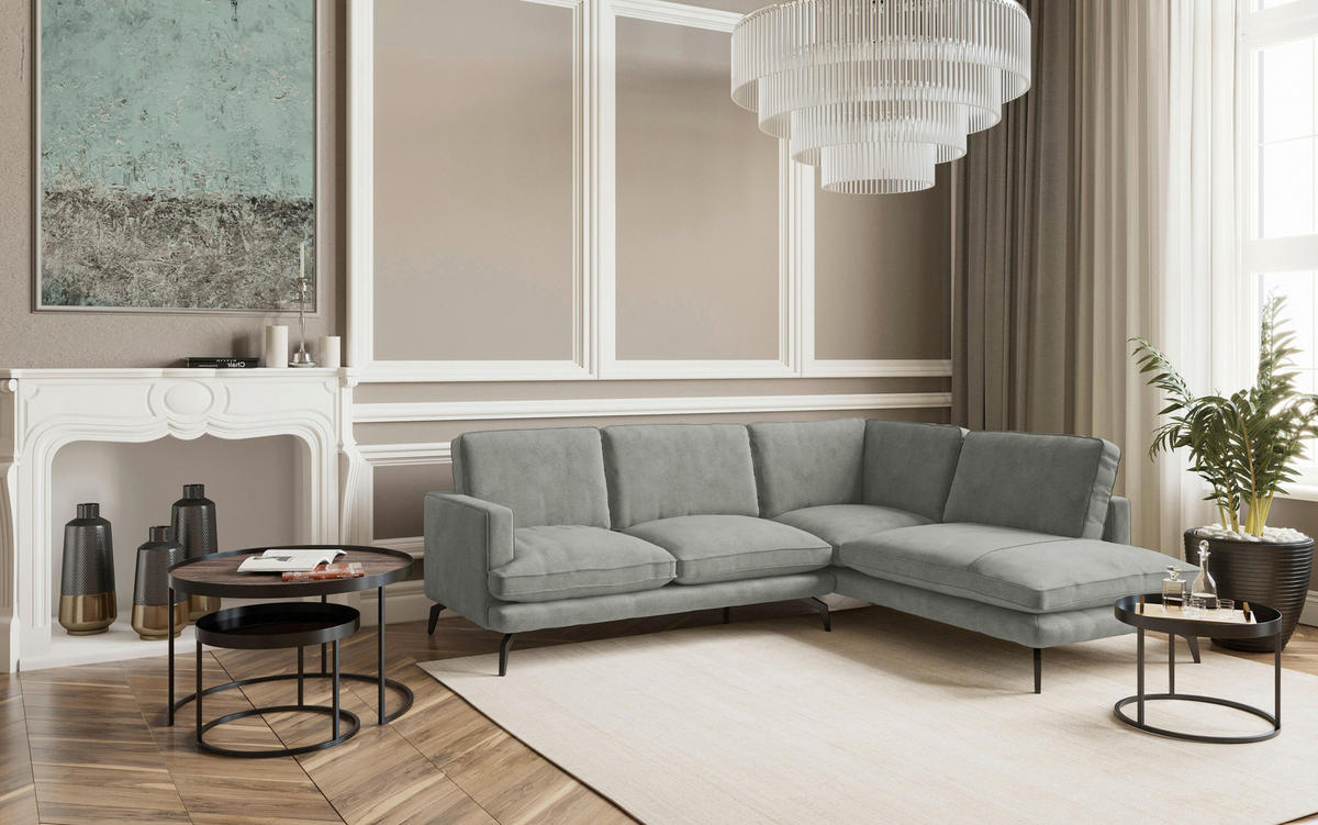 ECKSOFA in Flachgewebe Grau  - Champagner/Schwarz, Design, Textil/Metall (250/202cm) - Livetastic