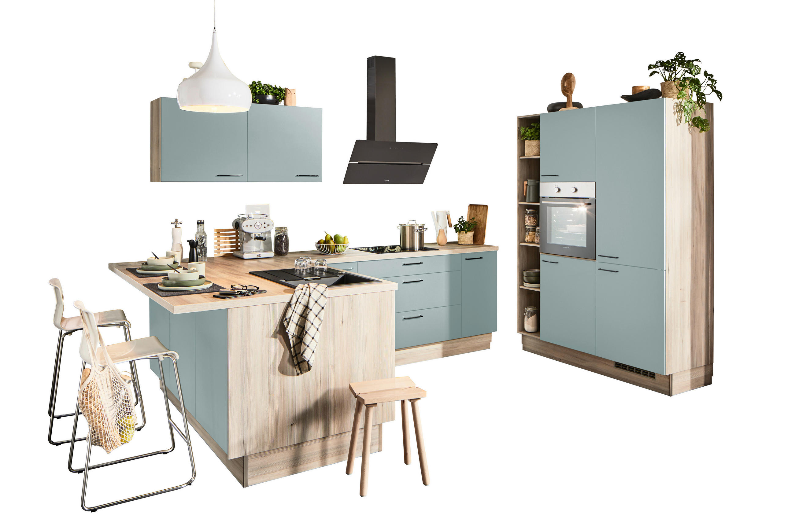 ECKKÜCHE  in Salbeigrün, Tannenholzfarben  - Salbeigrün/Tannenholzfarben, Design, Holzwerkstoff/Metall (121,6/280/150cm) - Xora