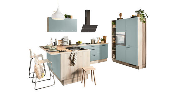 ECKKÜCHE  in Salbeigrün, Tannenholzfarben  - Salbeigrün/Tannenholzfarben, Design, Holzwerkstoff/Metall (121,6/280/150cm) - Xora