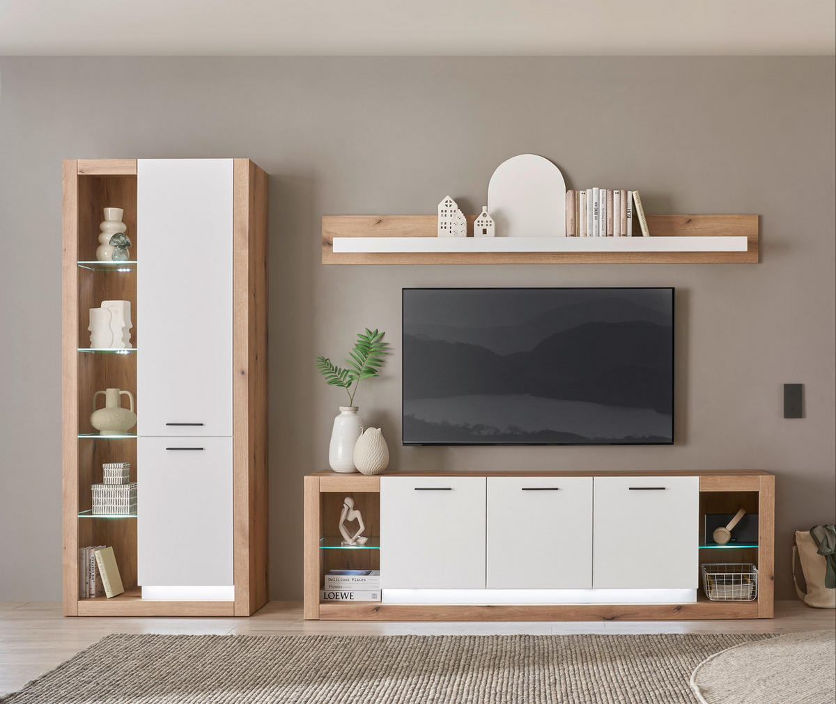 WOHNWAND 3-teilig  in Weiß, Eichefarben  298/195/43 cm  - Eichefarben/Schwarz, Design, Glas/Holzwerkstoff (298/195/43cm) - MID.YOU