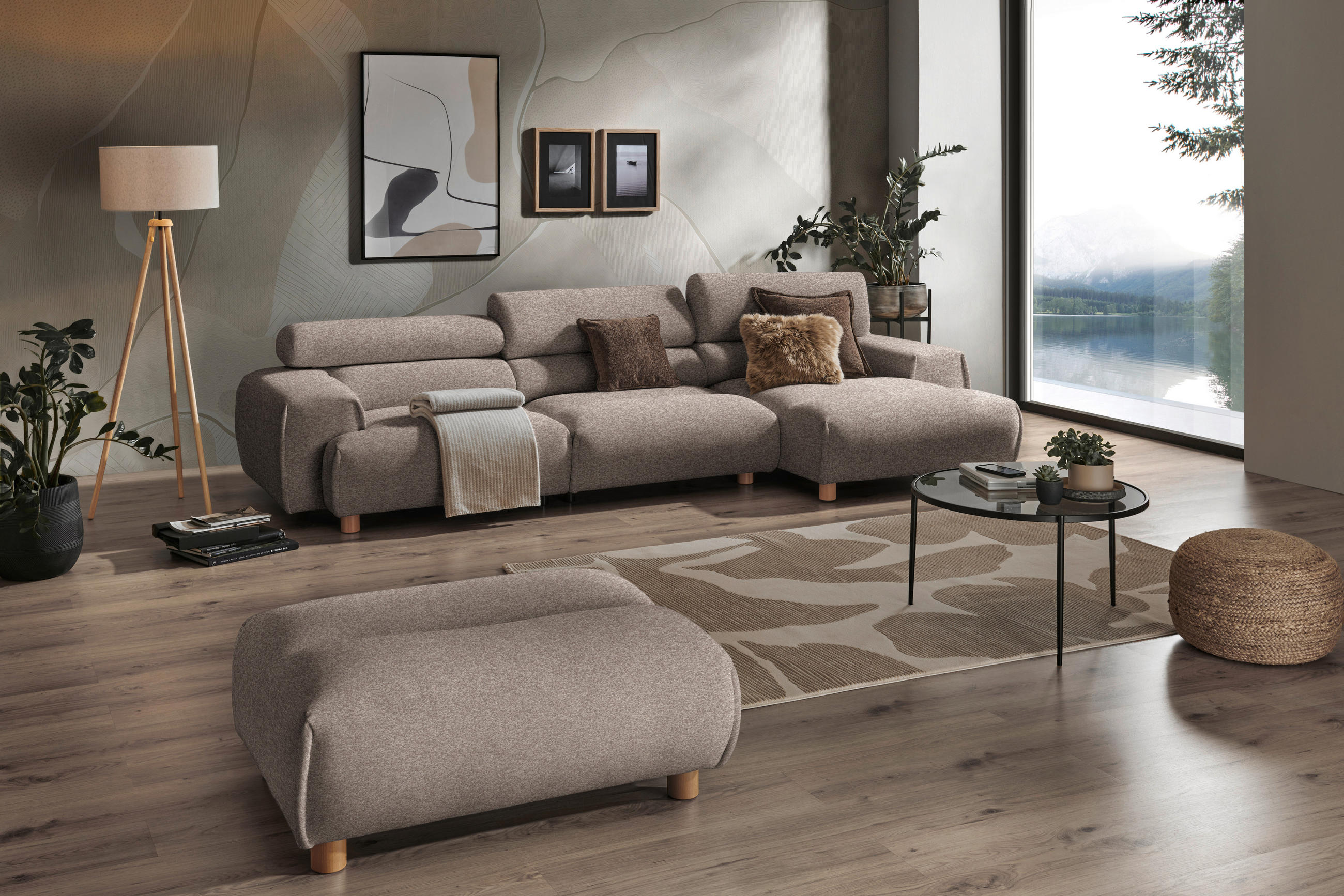 ECKSOFA in Velours Hellbraun  - Hellbraun/Buchefarben, Design, Holz/Textil (329/150cm) - Lomoco