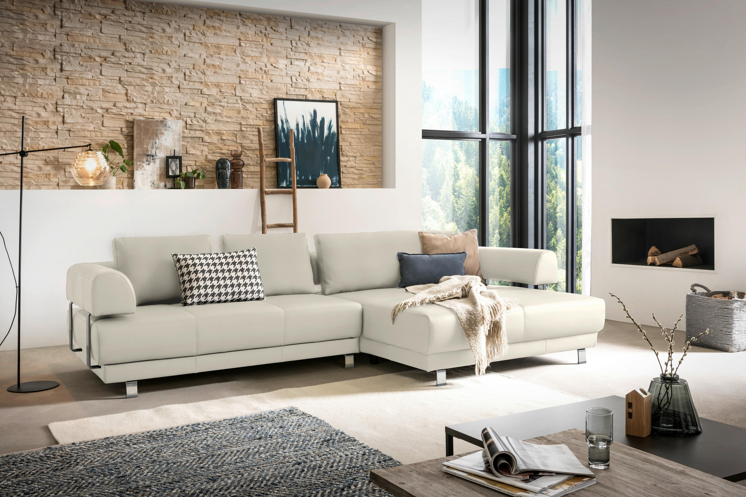 ECKSOFA in Echtleder Creme  - Creme, Design, Leder/Metall (307/188cm)