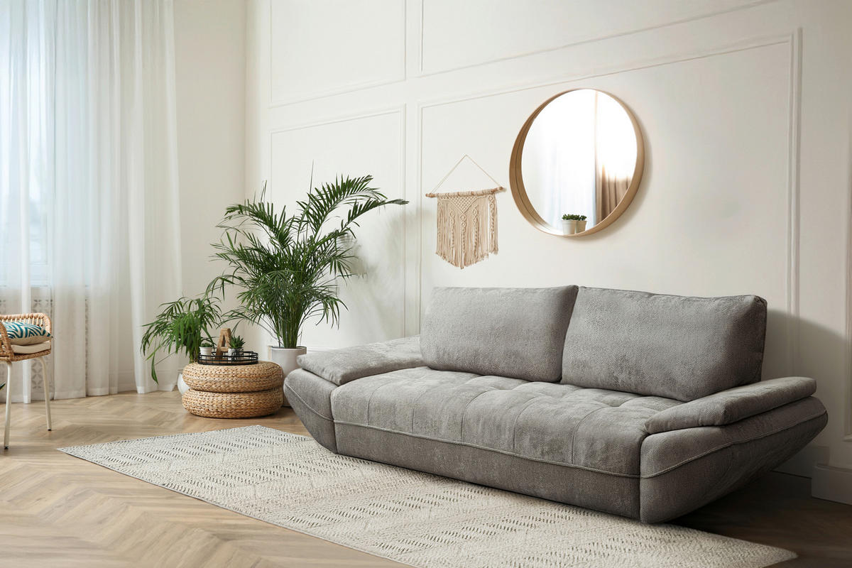 SCHLAFSOFA ELMA Struktur Sandfarben  inkl. Rückenkissen, Nierenkissen, Armlehnenkissen, Rücken echt  - Sandfarben/Schwarz, KONVENTIONELL, Holz/Kunststoff (280/73-93/107cm) - Livetastic