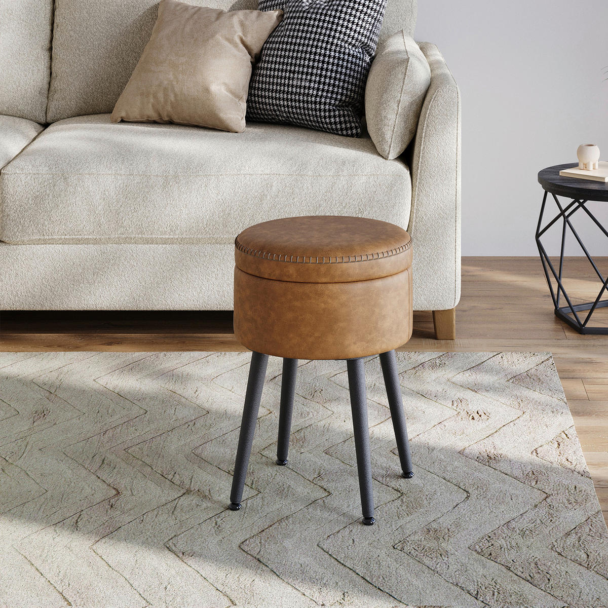 HOCKER in Metall, Textil, Holzwerkstoff Schwarz, Cognac  - Cognac/Creme, Trend, Holzwerkstoff/Textil (32/44/32cm) - MID.YOU