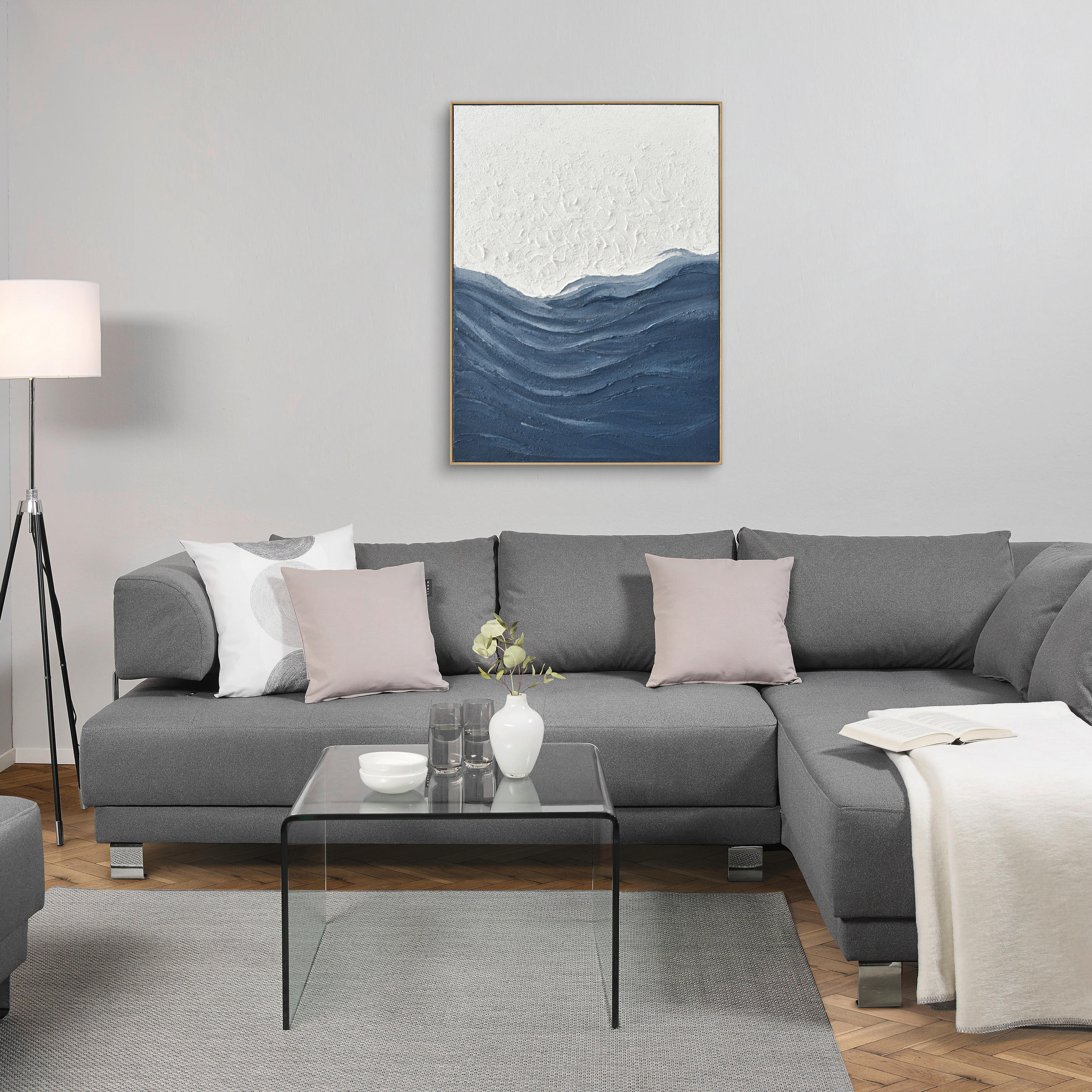 OLEJOMAĽBA, abstraktné, 90/120 cm  - modrá/biela, Design, drevo/textil (90/120cm) - Monee