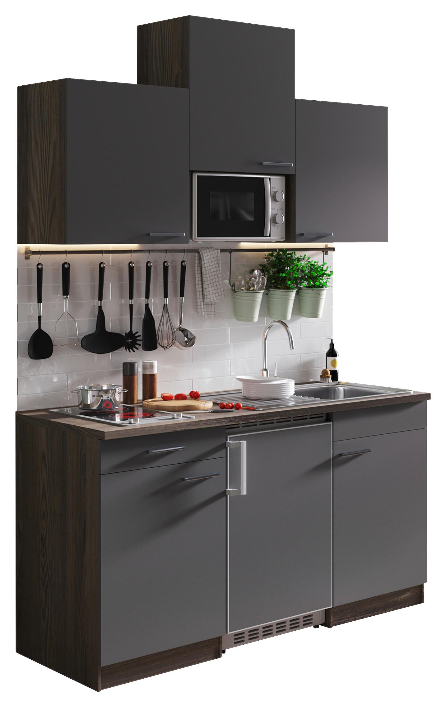MINIKÜCHE 150 cm   in Grau  - Eichefarben/Alufarben, Basics, Holzwerkstoff/Kunststoff (150cm) - Respekta