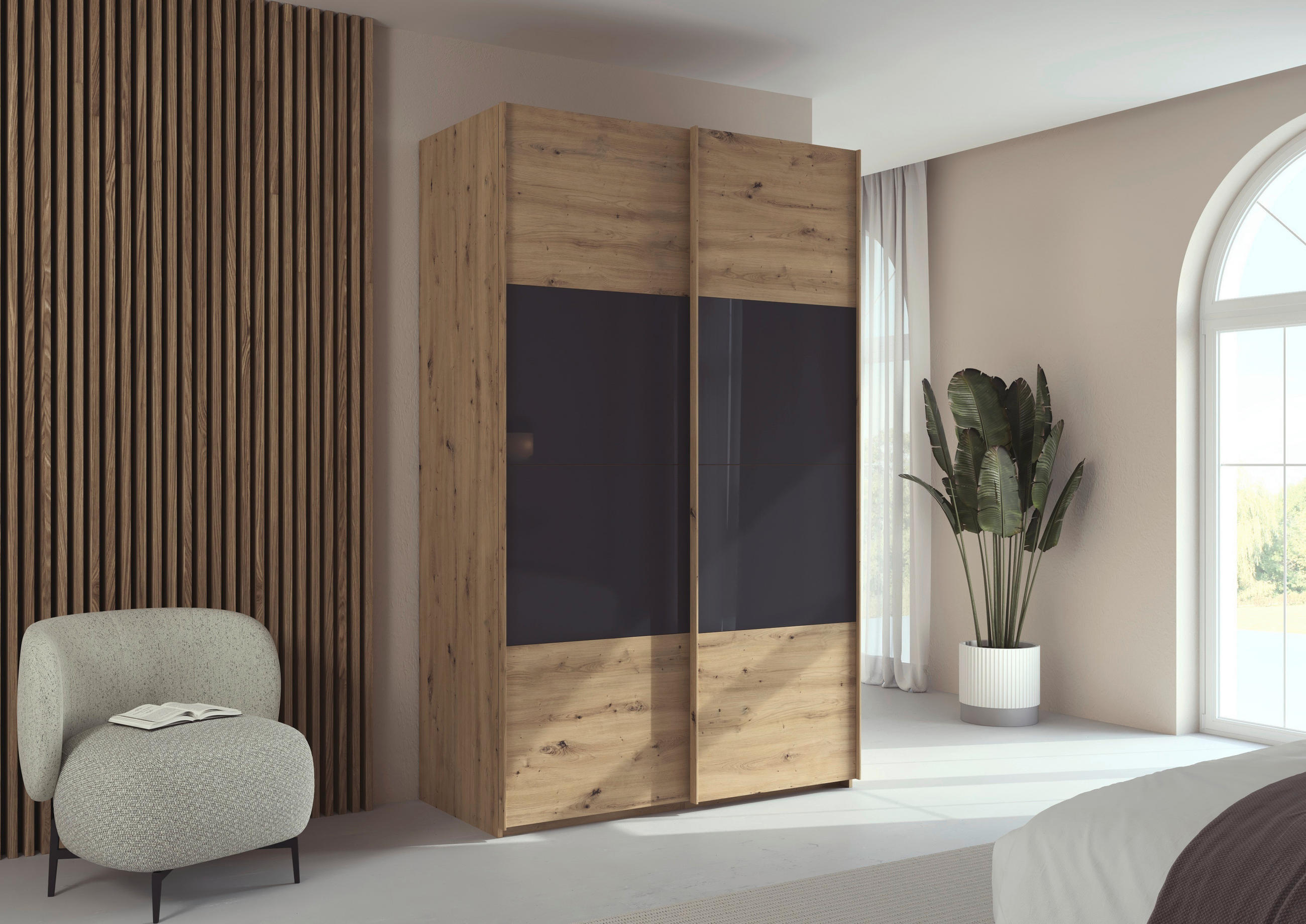 SCHWEBETÜRENSCHRANK 137/223/68 cm 2-türig Schwarz, Eiche Artisan  - Eichefarben/Schwarz, Design, Glas/Holzwerkstoff (137/223/68cm) - Xora