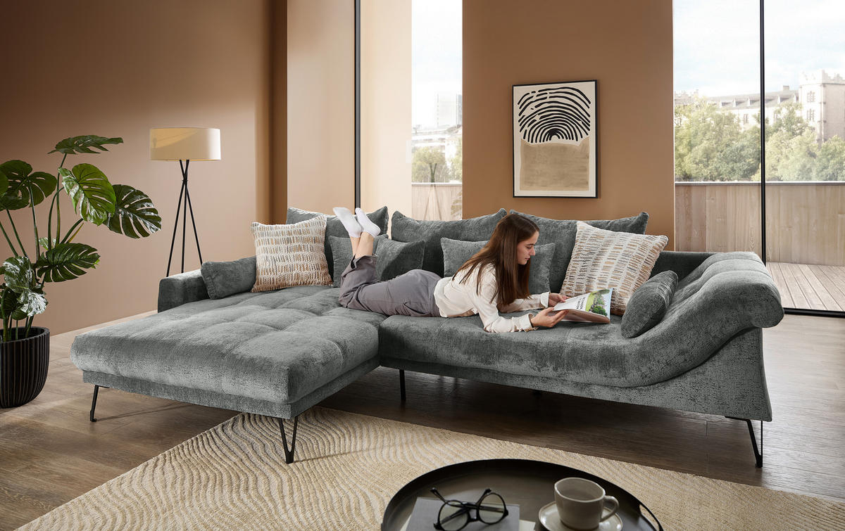 ECKSOFA GARDA Anthrazit Chenille Zierkissen, Rückenkissen, Nierenkissen, Rücken echt  - Anthrazit/Schwarz, KONVENTIONELL, Textil/Metall (192/310cm) - Livetastic