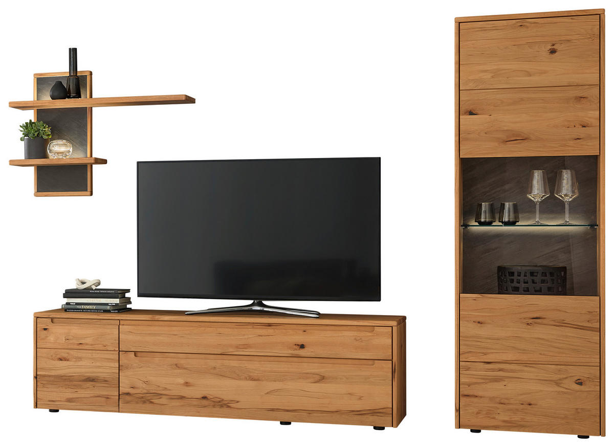 WOHNWAND  in Buchefarben  299/184/47,1 cm  - Buchefarben/Schwarz, Natur, Glas/Holz (299/184/47,1cm) - Valdera