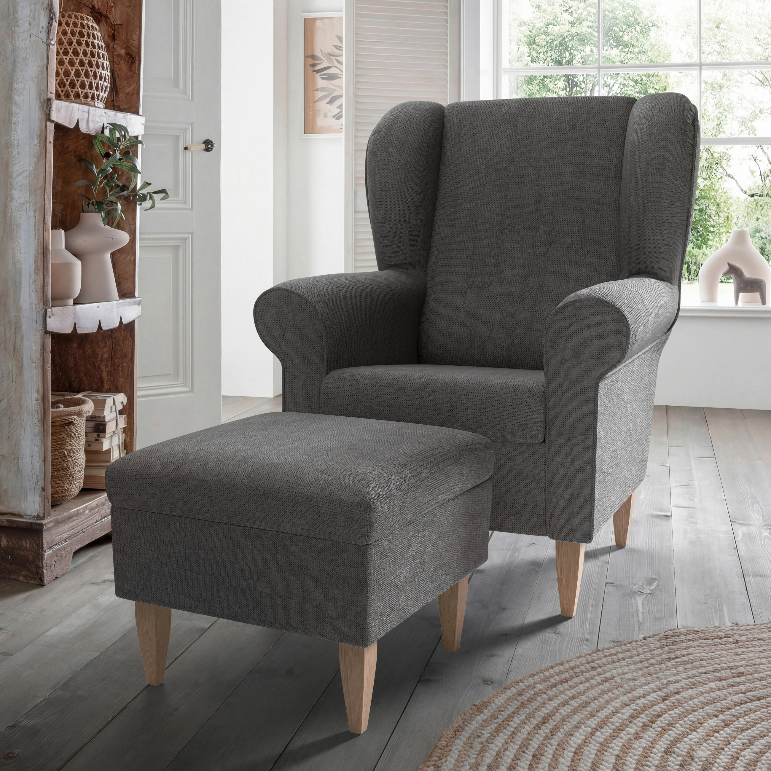 SESSELSET Chenille Dunkelgrau  - Dunkelgrau/Naturfarben, Konventionell, Holz/Textil (80/102/86cm) - Livetastic
