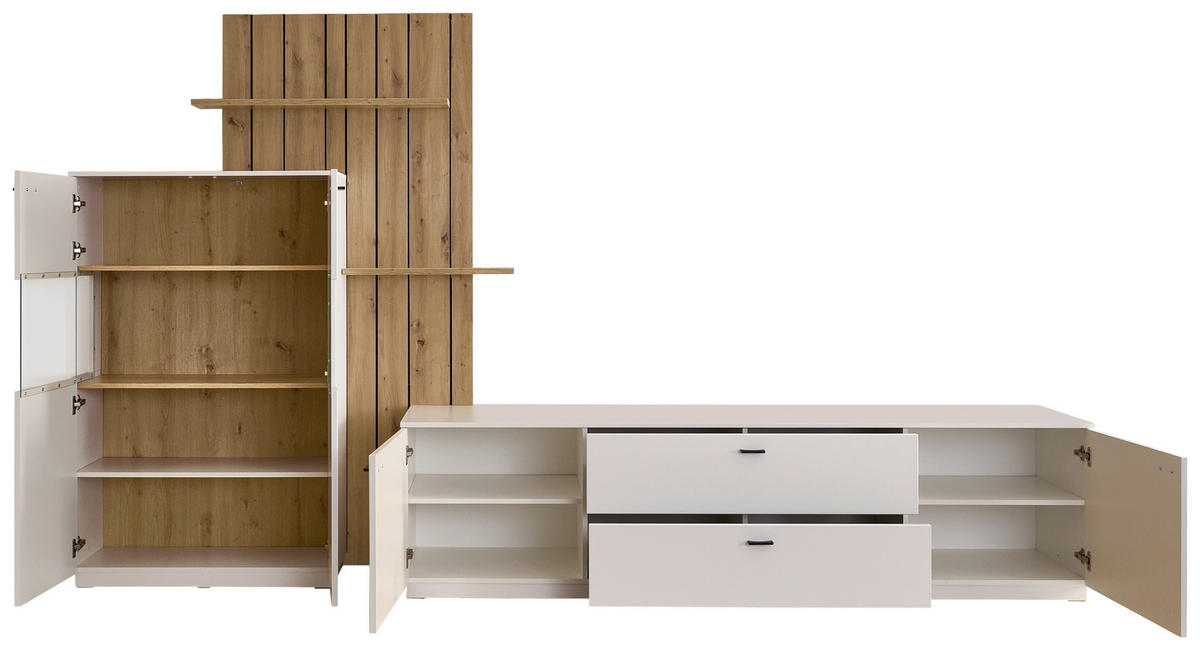 WOHNWAND  Weiss, Eiche Artisan 338/199/50 cm  - Weiss/Schwarz, Design, Glas/Holzwerkstoff (338/199/50cm) - Stylife