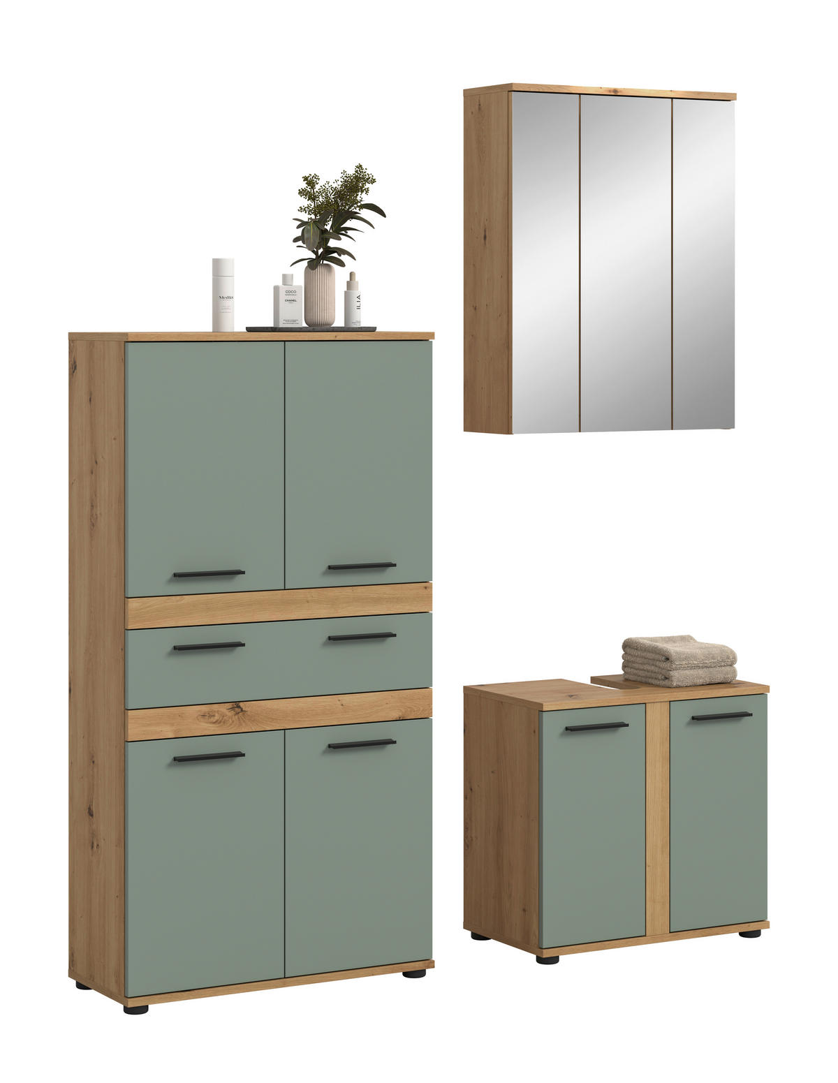 BADEZIMMER 3-teilig  in 145 cm  - Salbeigrün/Schwarz, Trend, Glas/Holzwerkstoff (145cm) - MID.YOU