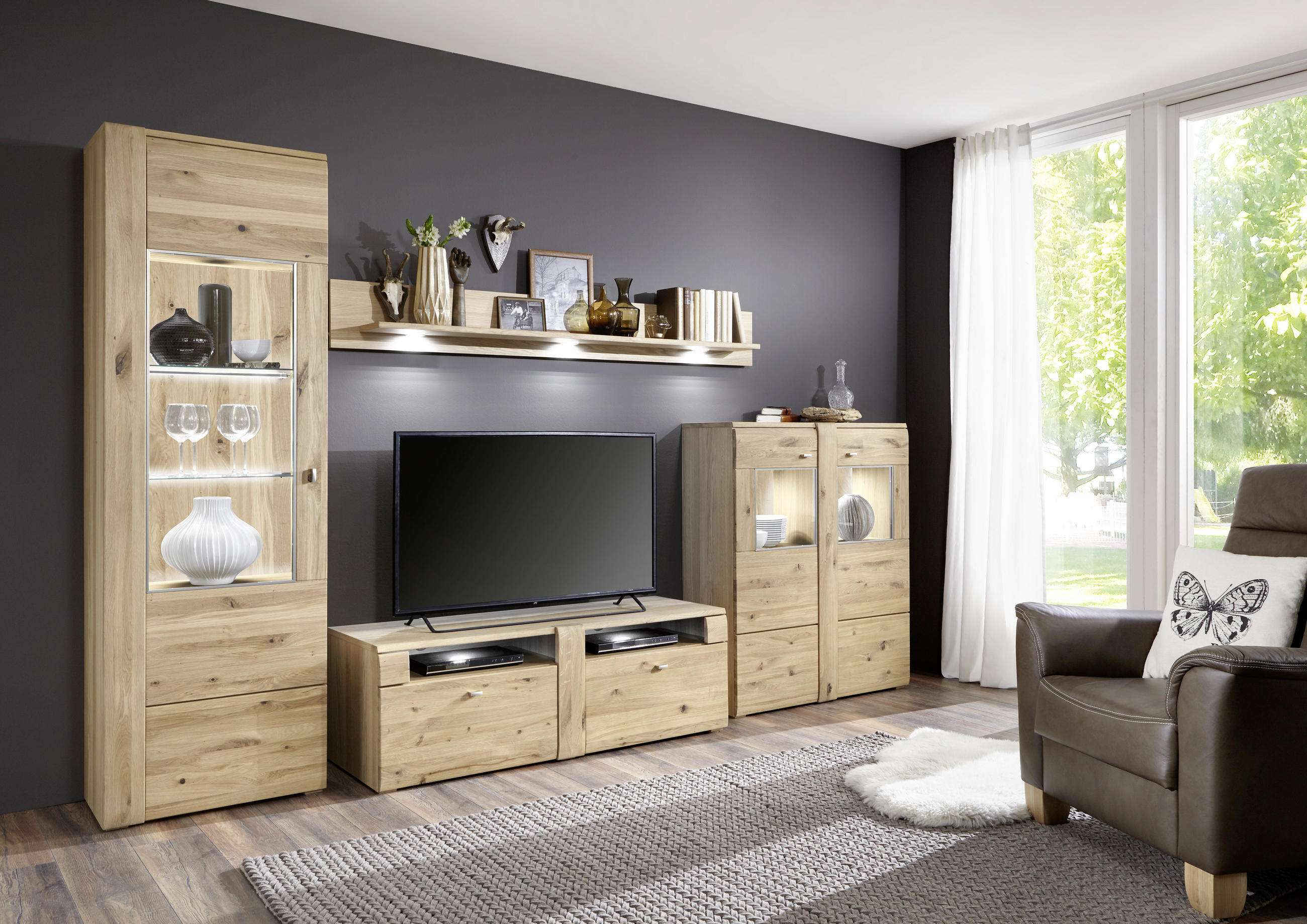 WOHNWAND Colorado  in Eichefarben, Schieferfarben  328/205/51 cm  - Schieferfarben/Eichefarben, KONVENTIONELL, Glas/Holz (328/205/51cm) - Voleo