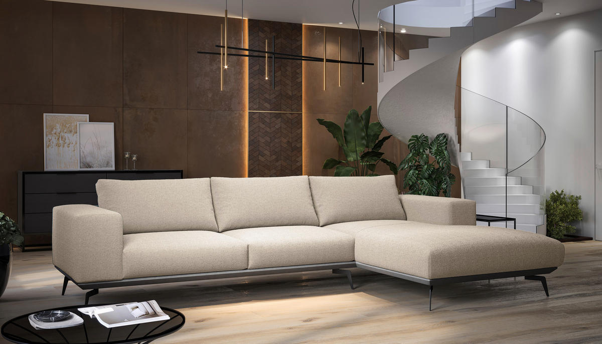 ECKSOFA Creme Chenille  - Creme/Schwarz, Design, Holz/Textil (180/330cm) - MID.YOU