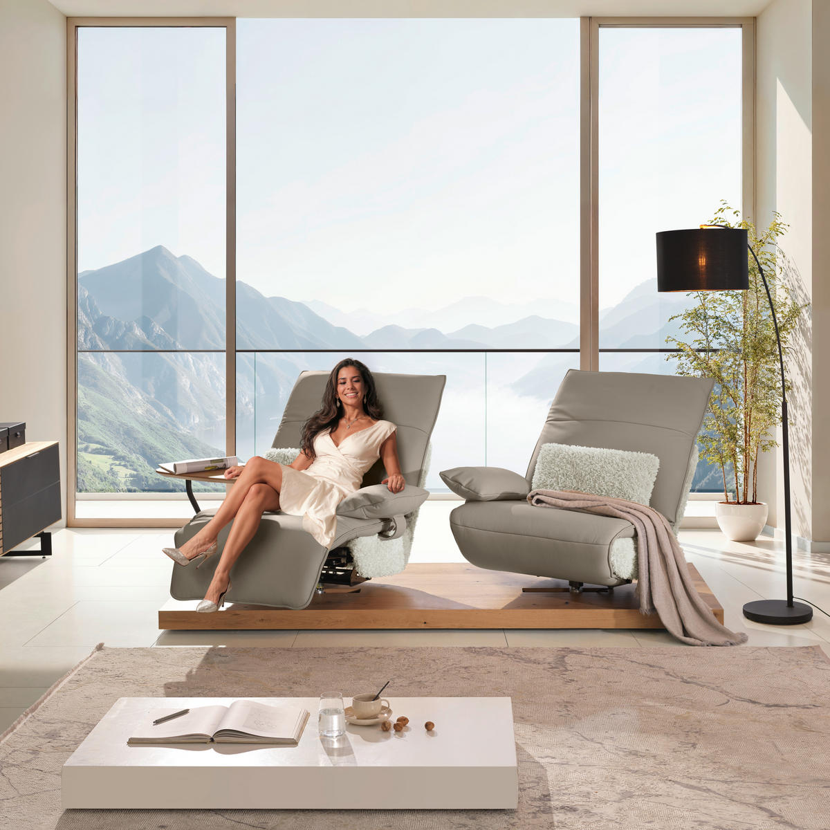 2-SITZER-SOFA Hochflor Echtleder Creme, Greige  - Greige/Creme, Design, Leder/Holz (240/65/104cm) - Koinor