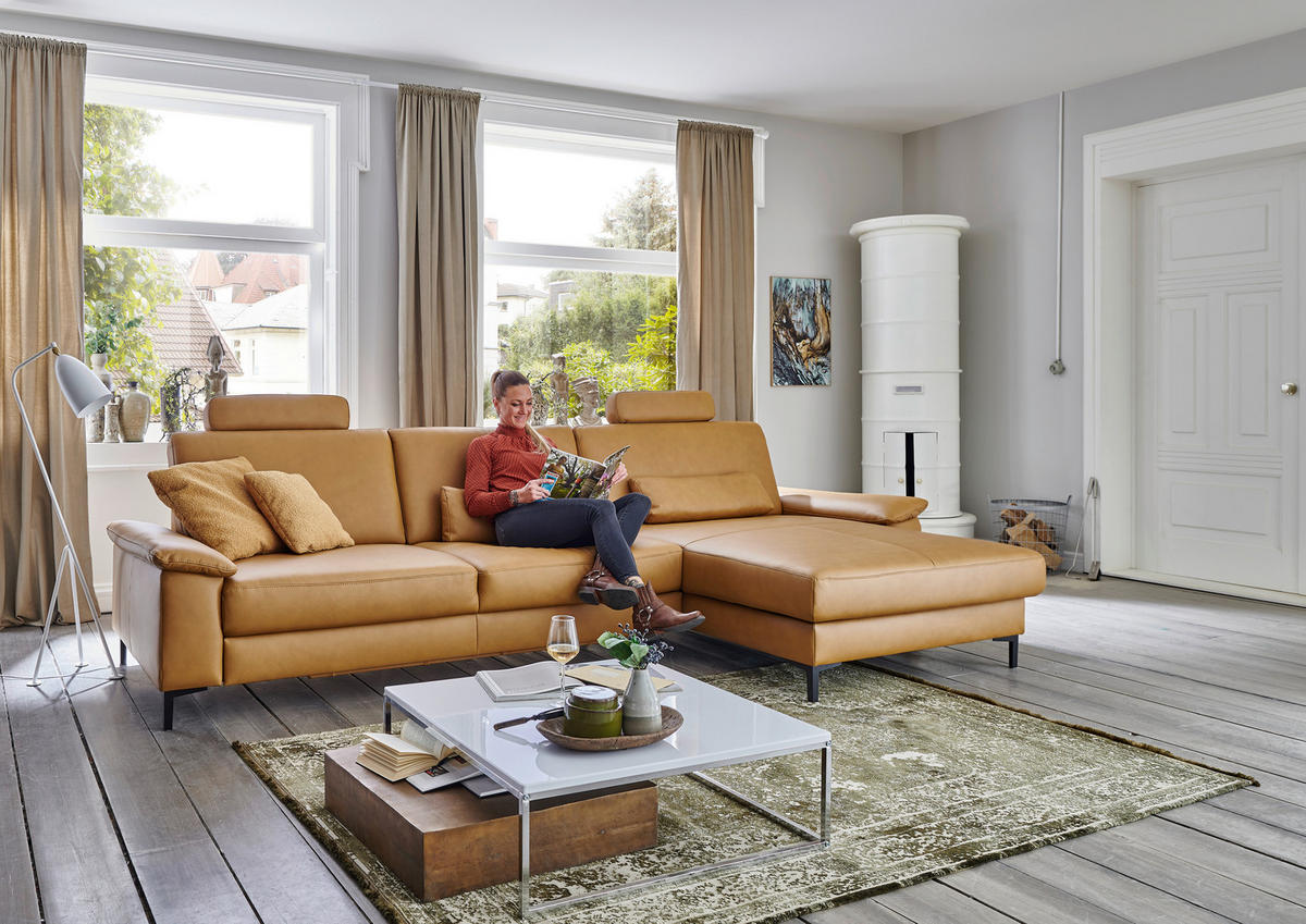 ECKSOFA in Echtleder Currygelb  334/176 cm  - Currygelb/Schwarz, Design, Leder/Metall (334/176cm) - Dieter Knoll