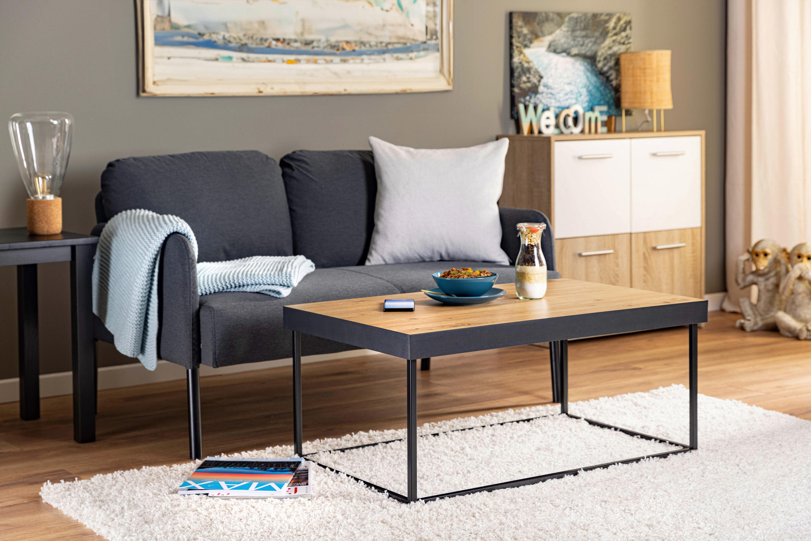 COUCHTISCH 90/55/40 cm rechteckig Schwarz, Eiche Artisan  - Schwarz/Eiche Artisan, Design, Holzwerkstoff/Metall (90/55/40cm) - Livetastic