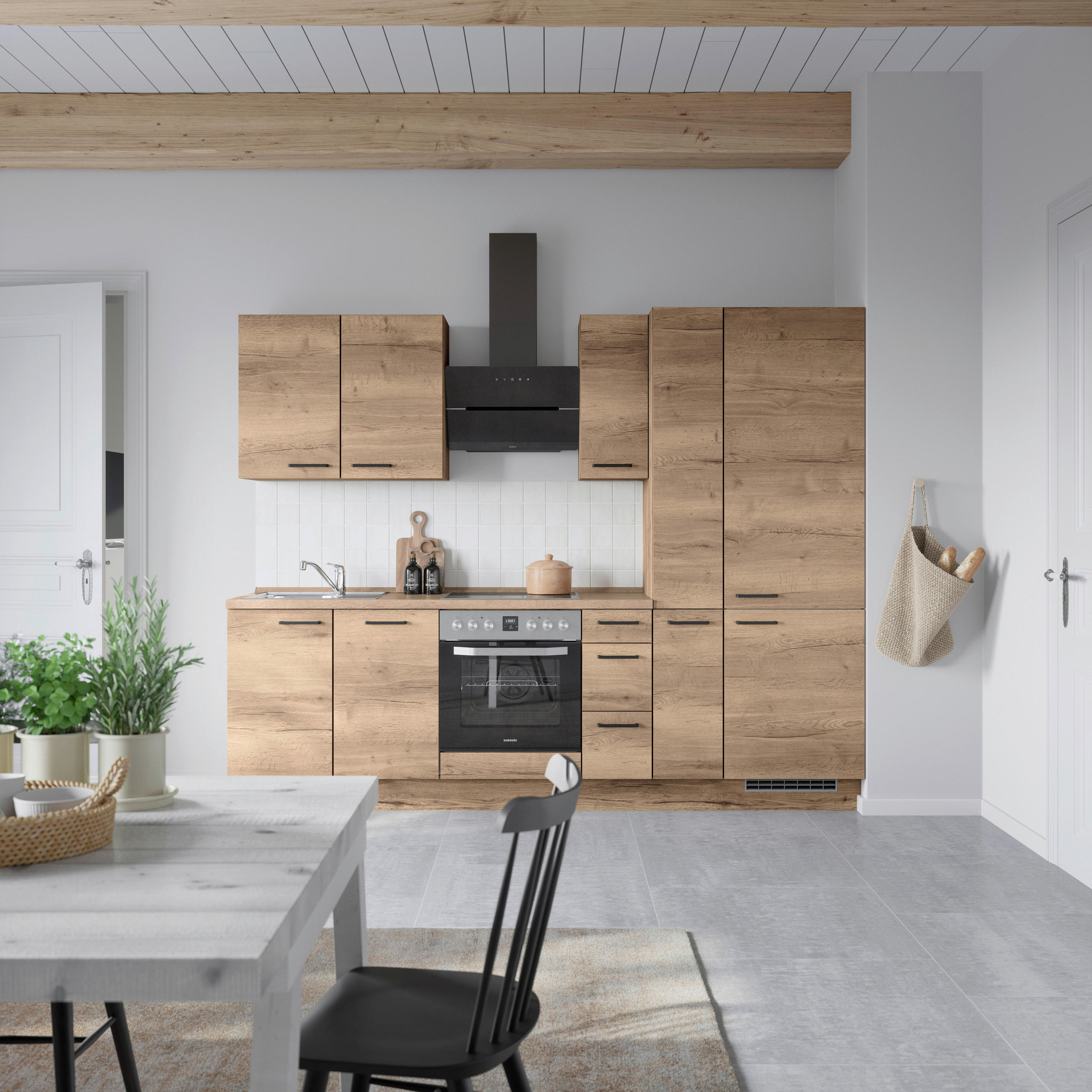 Bucătărie Fără Electrocasnice  - stejar închis la culoare/negru, Modern, metal/material pe bază de lemn (270cm) - Nobilia