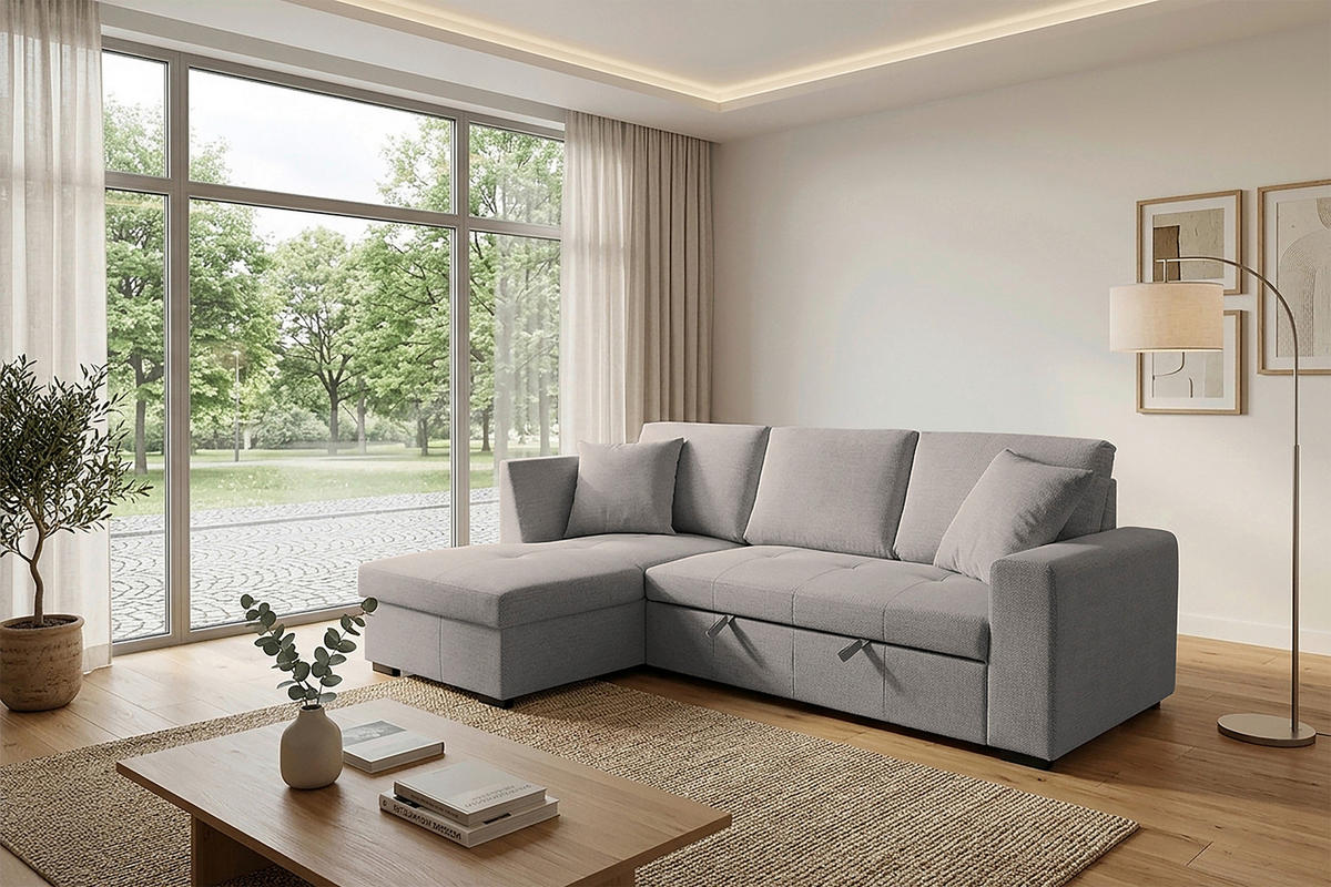 ECKSOFA LUKAS Graubraun Struktur Zierkissen, Bettkasten  - Graubraun, Trend, Textil (158/239cm) - P & B