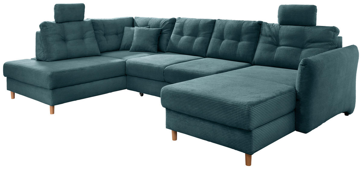 WOHNLANDSCHAFT in Cord Petrol  - Petrol/Naturfarben, Modern, Holz/Textil (206/338-352/176cm) - Livetastic