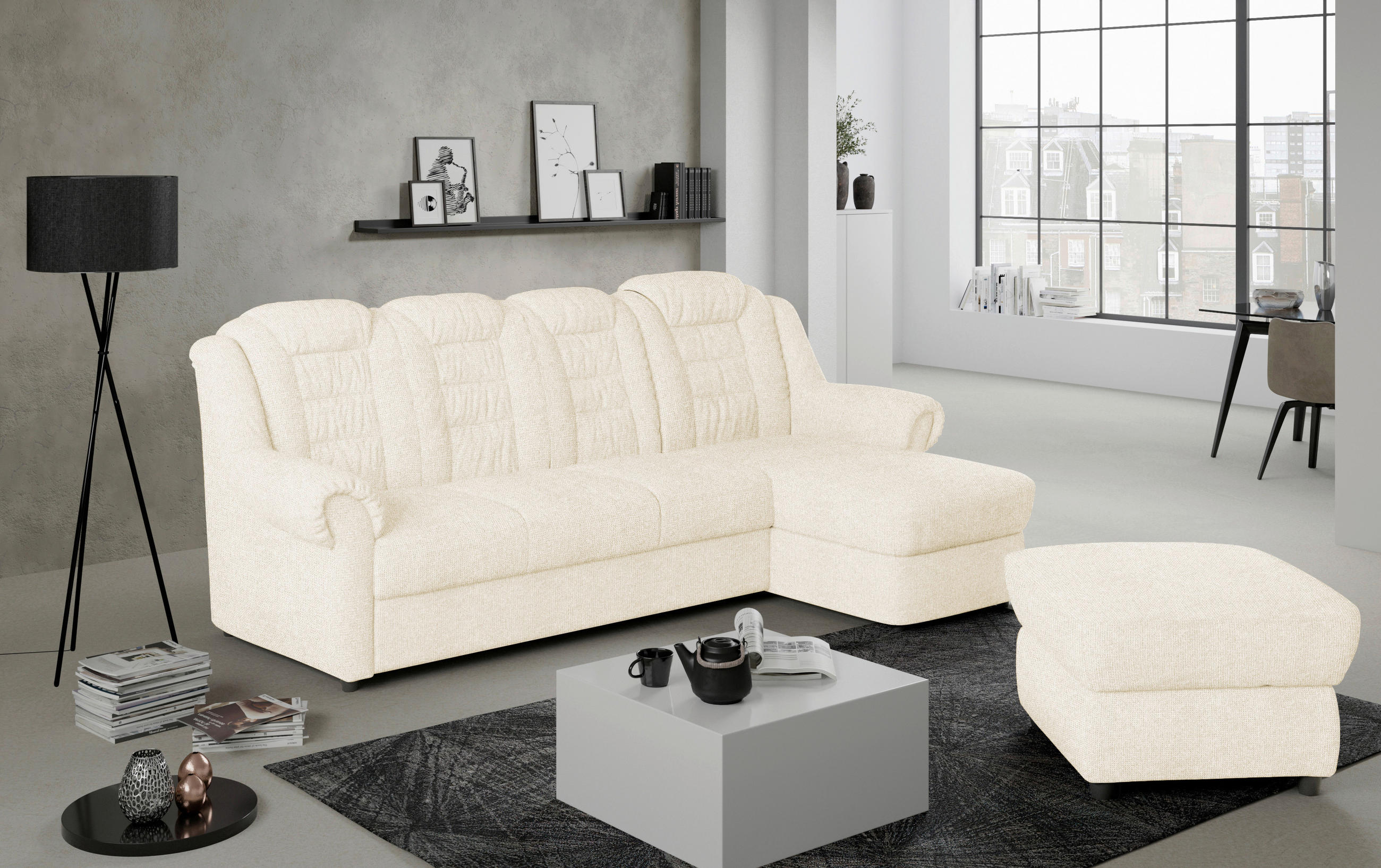 ECKSOFA Creme Chenille  - Creme/Schwarz, KONVENTIONELL, Kunststoff/Textil (262/165cm) - Livetastic