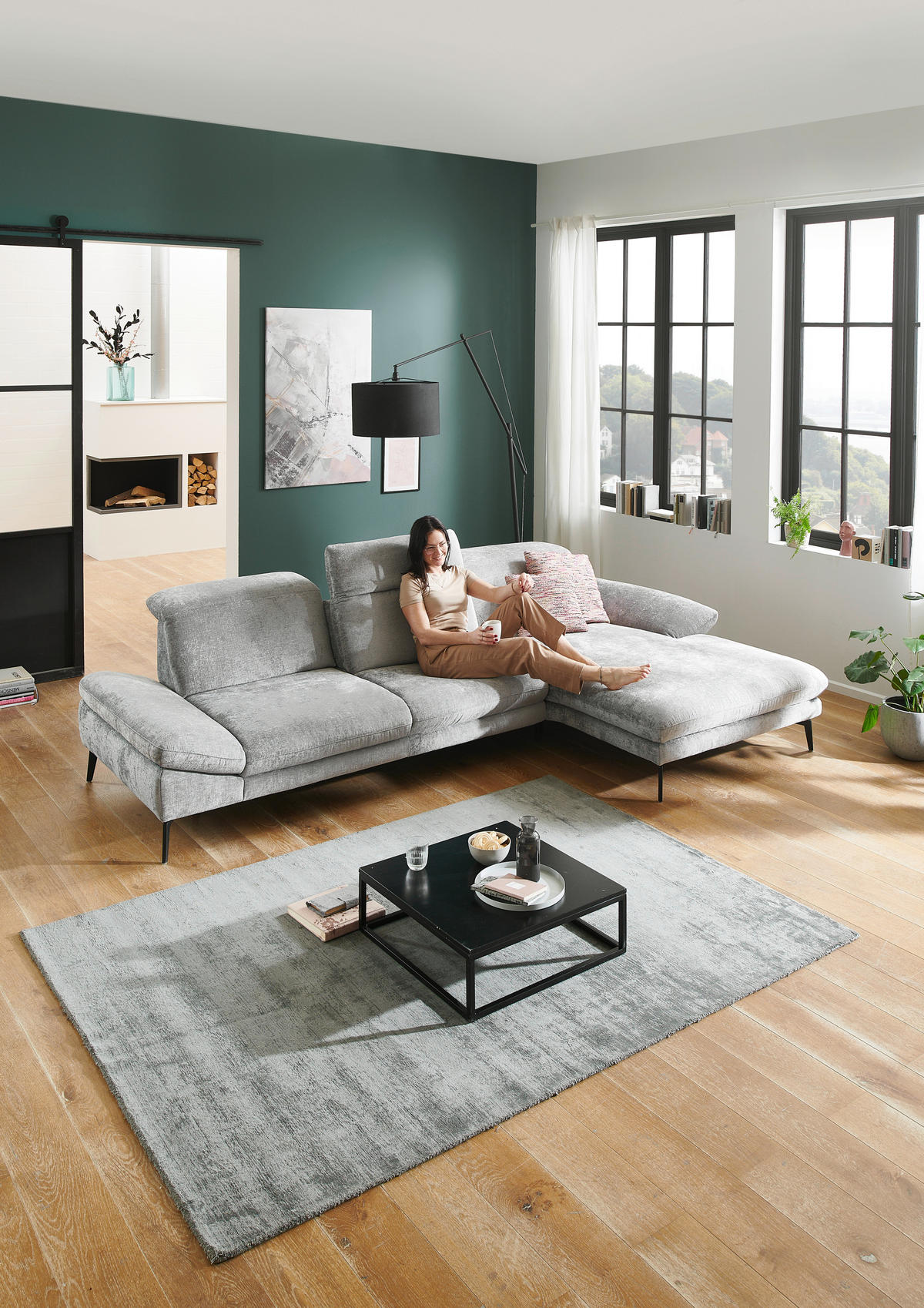 ECKSOFA in Chenille Grau  - Schwarz/Grau, Design, Textil/Metall (188/319cm) - Beldomo System
