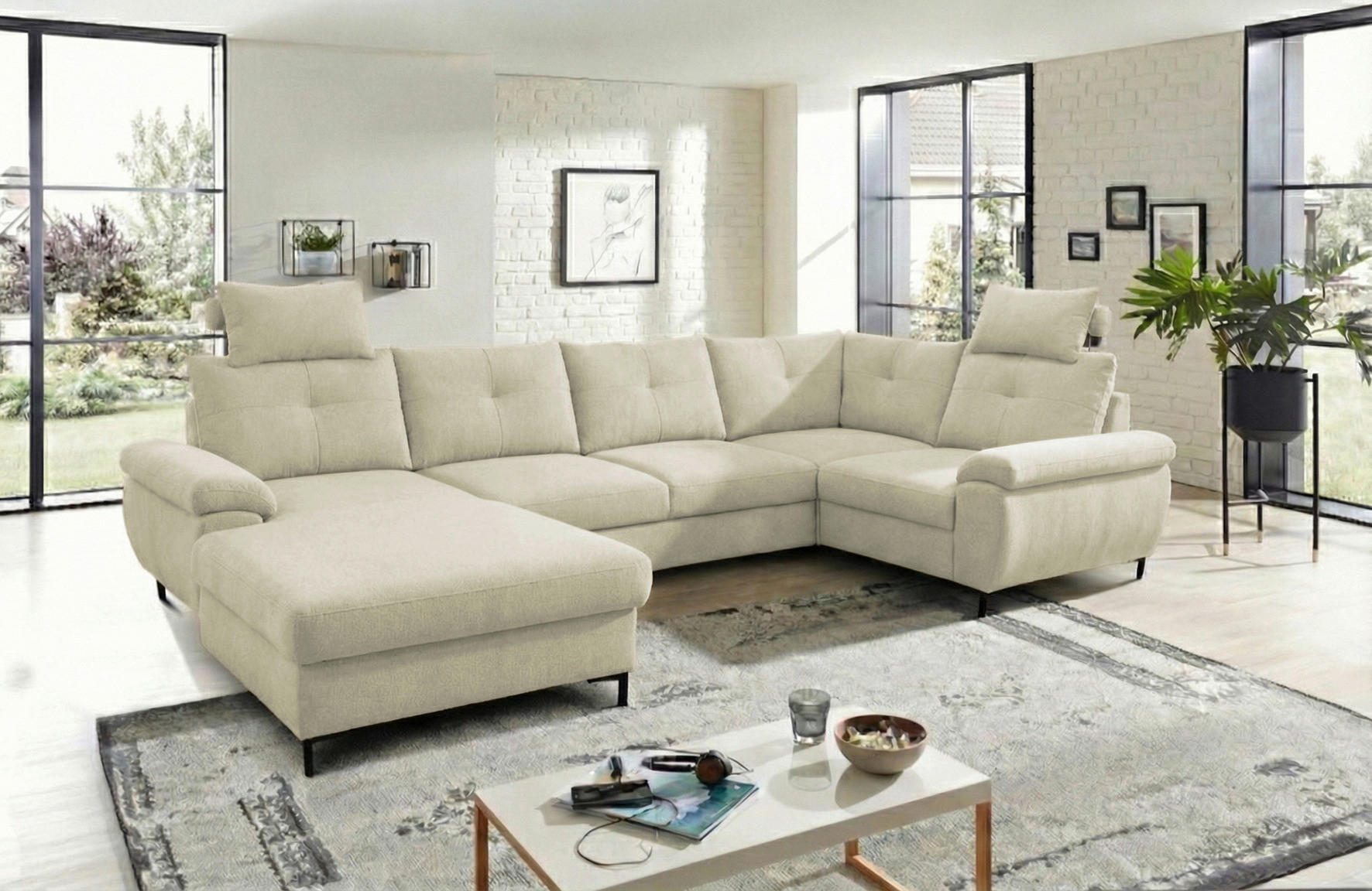 WOHNLANDSCHAFT SOLEI U in Chenille Beige  - Beige/Schwarz, Design, Kunststoff/Textil (188/334/184cm) - MID.YOU