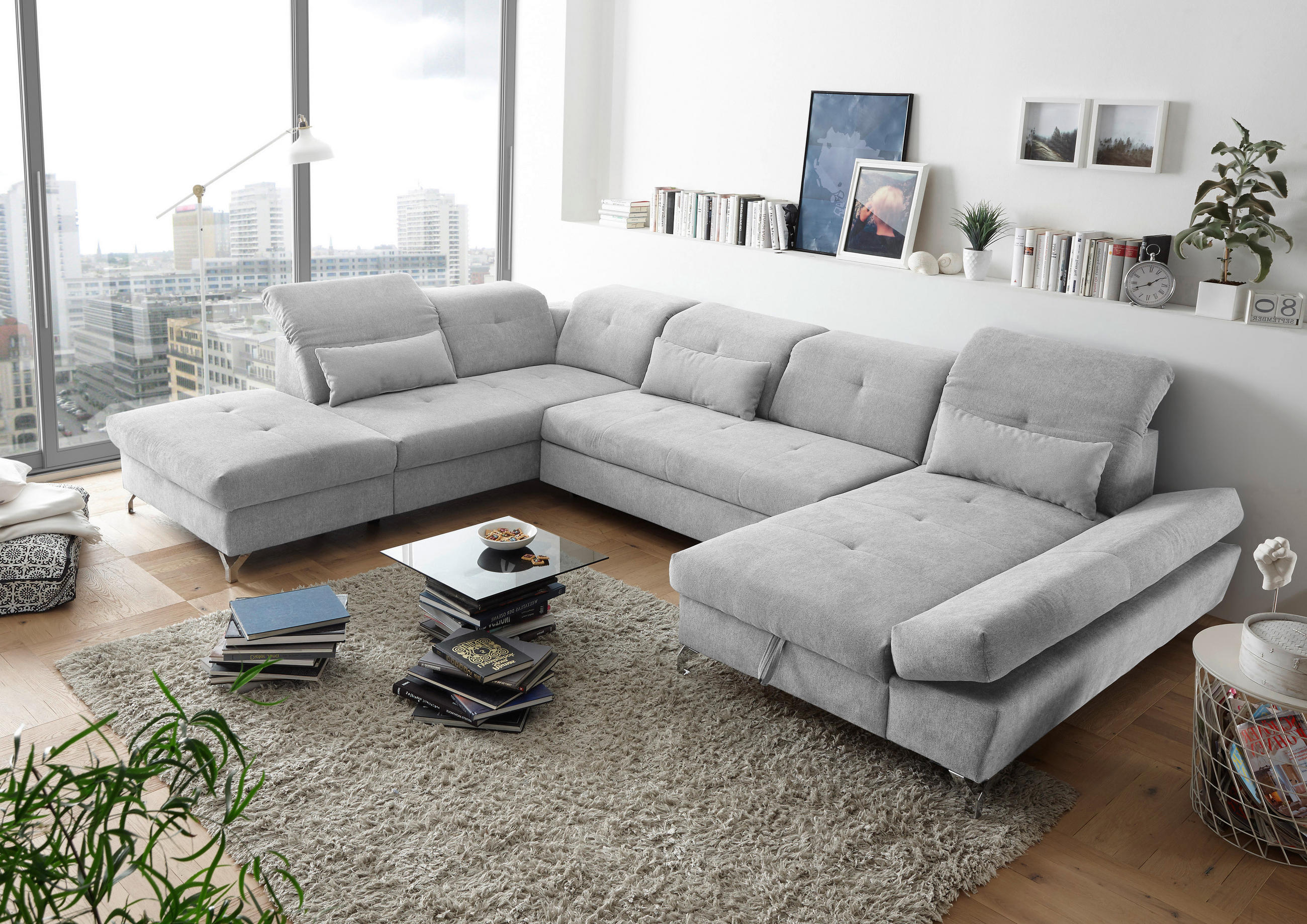 WOHNLANDSCHAFT Hellgrau Mikrovelours  - Silberfarben/Hellgrau, MODERN, Textil/Metall (245/350/168cm) - MID.YOU