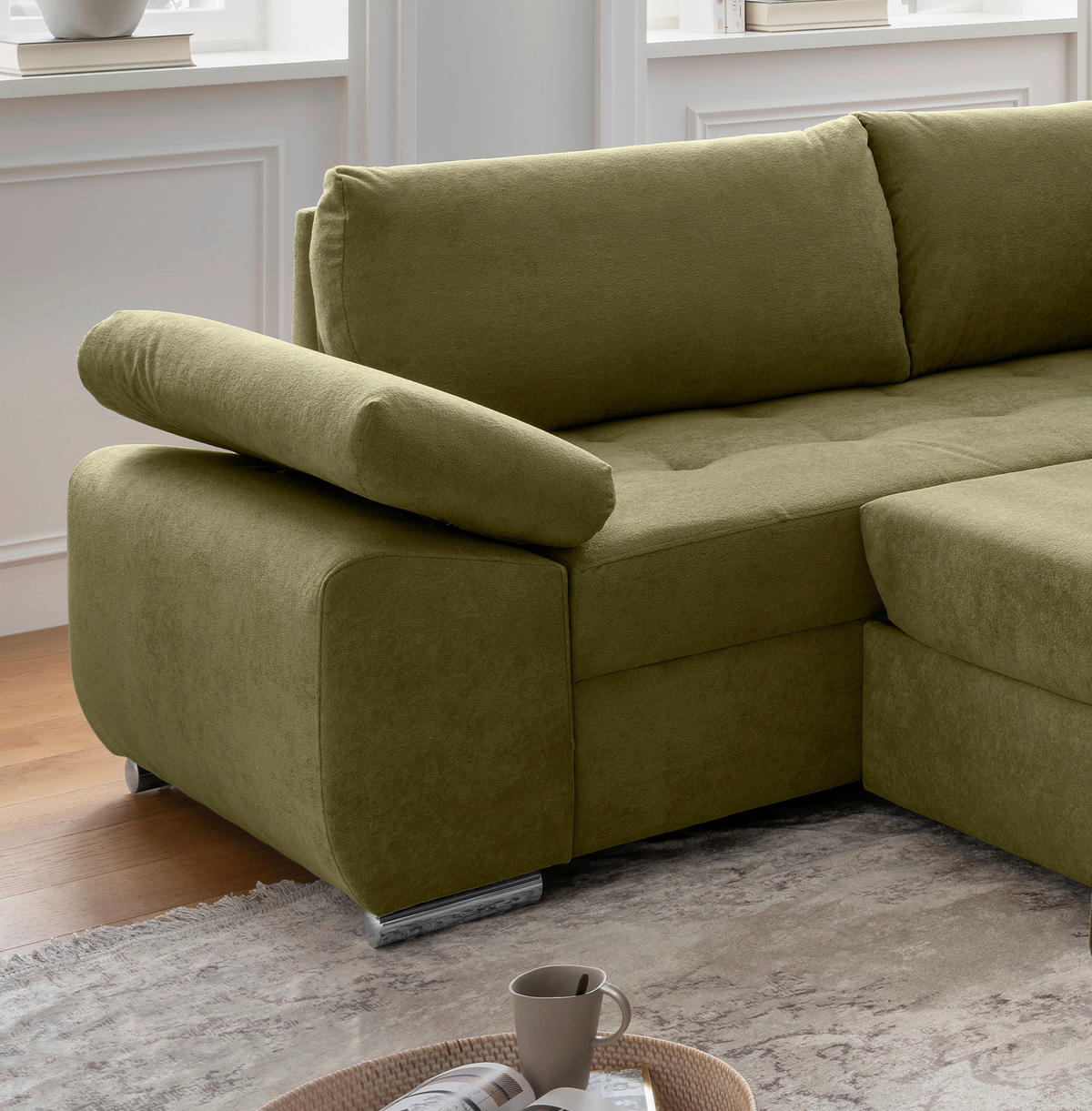 Wohnlandschaft in Mikrofaser Grün  - Chromfarben/Grün, Konventionell, Textil/Metall (219/305/157cm) - Livetastic