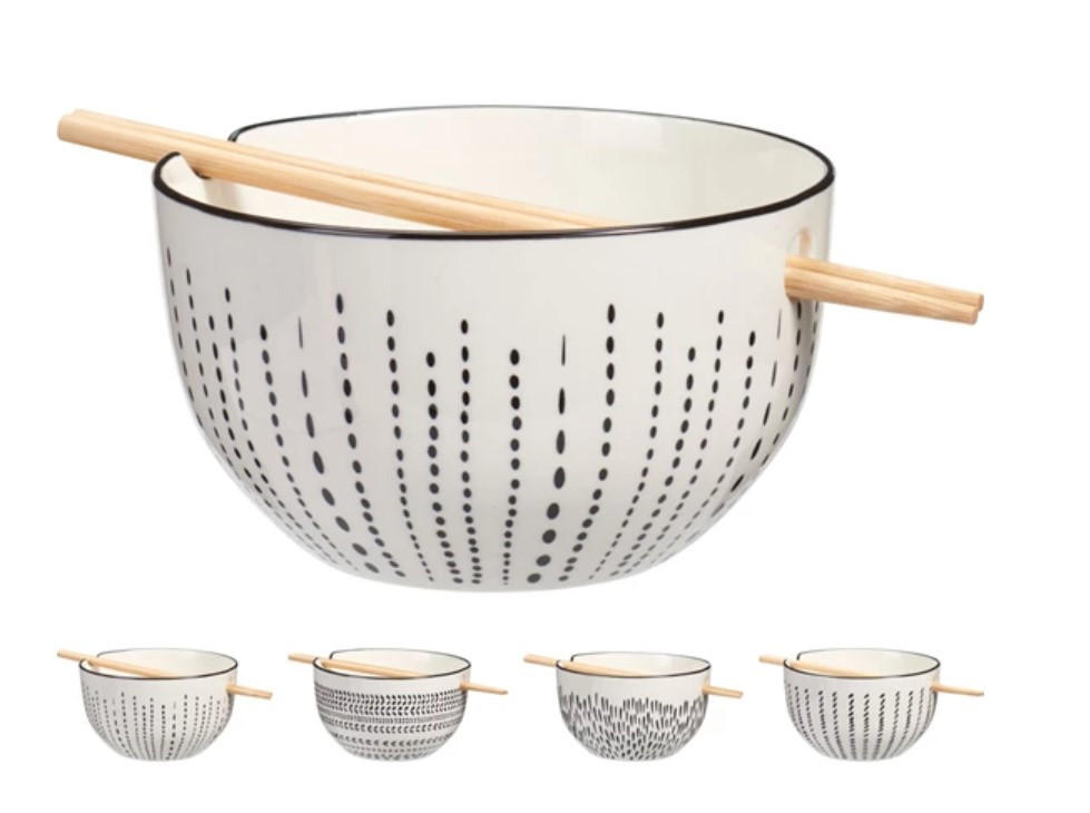 Ramen-skål m.ätpinnar   - vit/svart, Basics, keramik (16/9,5cm)