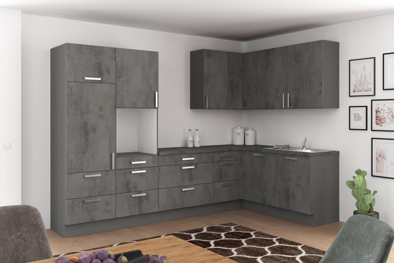 Eckküche Ip1200 ohne Geräte 320x185 cm Betonoptik