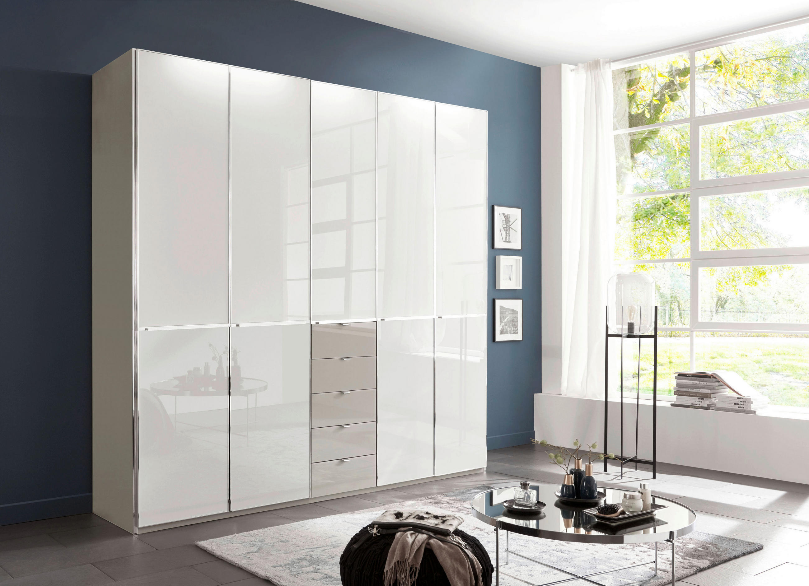 KLEIDERSCHRANK 250/236/58 cm 5-türig Grau, Weiß  - Chromfarben/Weiß, Design, Glas/Holzwerkstoff (250/236/58cm) - Novel