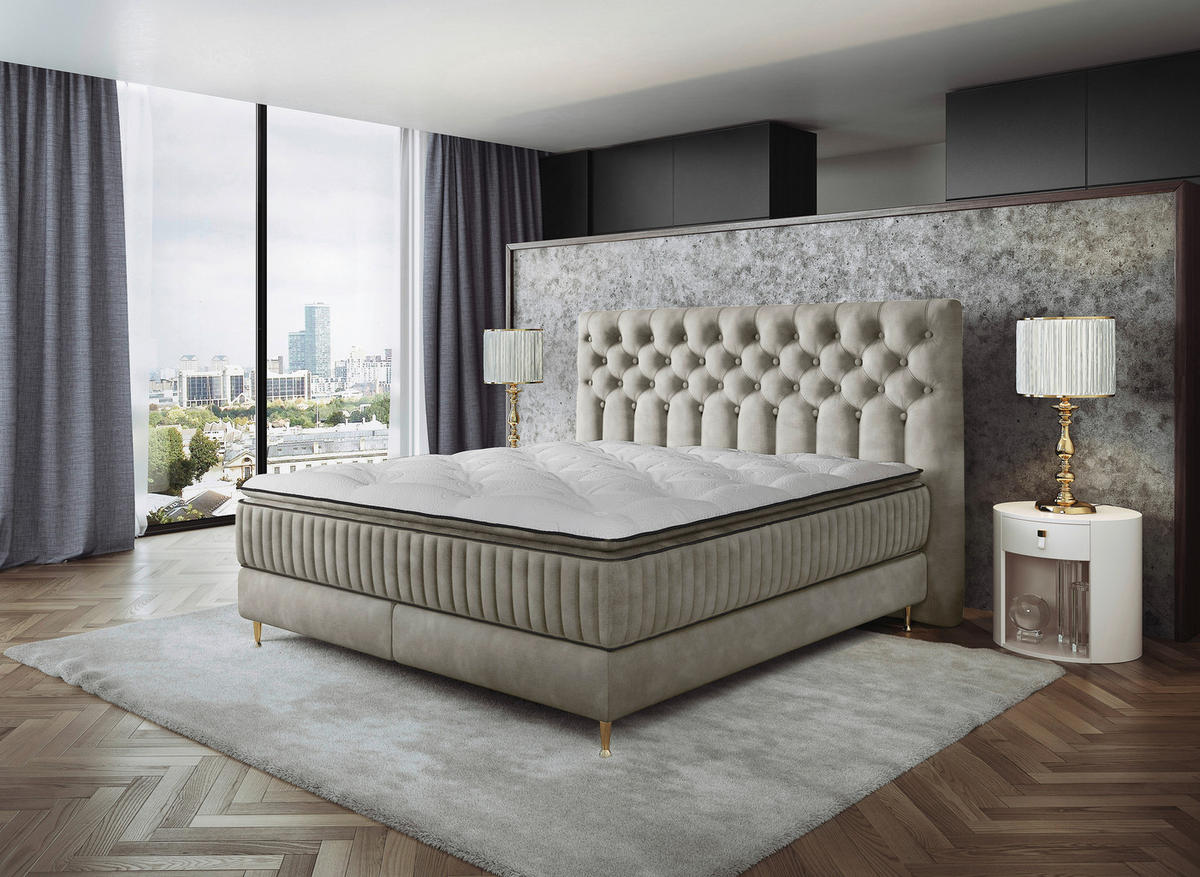BOXSPRINGBETT 180/200 cm,  in Beige, Matratze, gepolstertes Kopfteil, Topper,  - Beige/Goldfarben, Design, Textil/Metall (180/200cm) - Boxxx